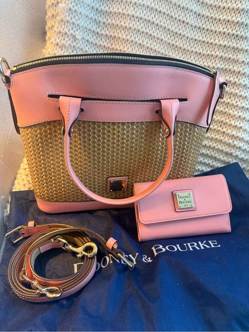 Dooney & Bourke Pink Trim Woven Satchel with Matching Wallet